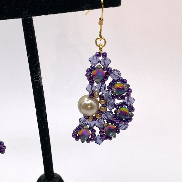 Czech Glass Swarovski Crystal Beaded Half Moon Style Pierced Drop Earrings - Picture 4 of 8